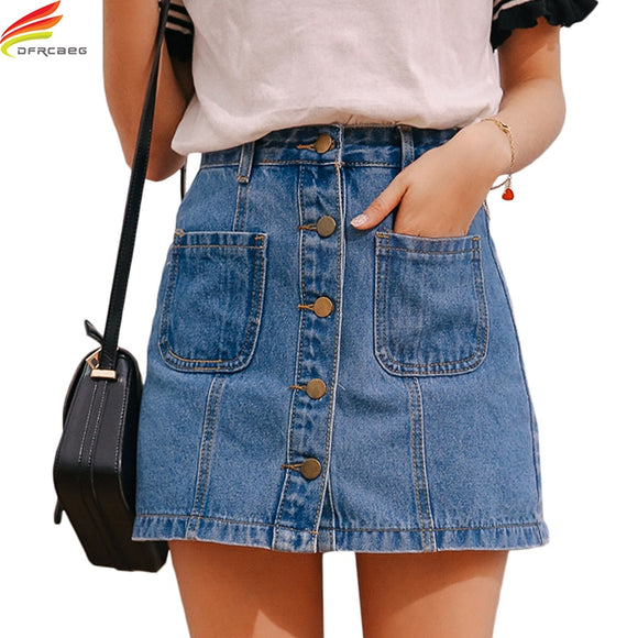 Single Button Pockets Blue Jean Skirt