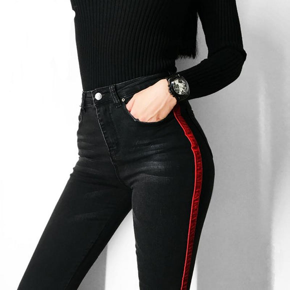solid color stitching waist black jeans