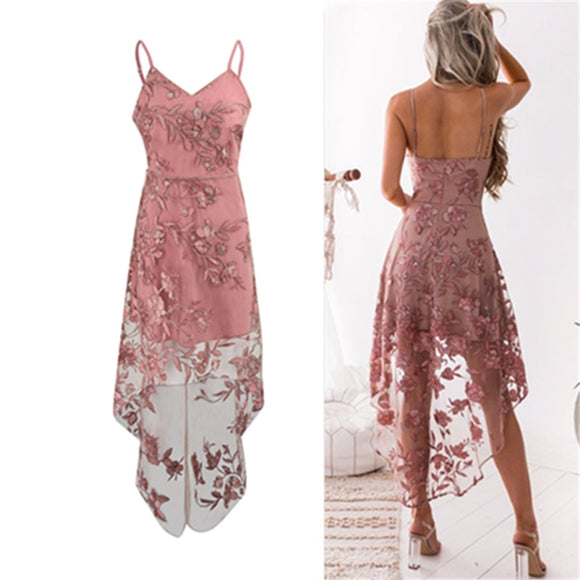 V-Neck Elegant Pink Lace Dress