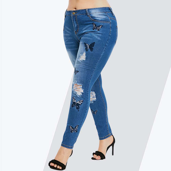 Butterfly Distressed Embroidered Jeans Women